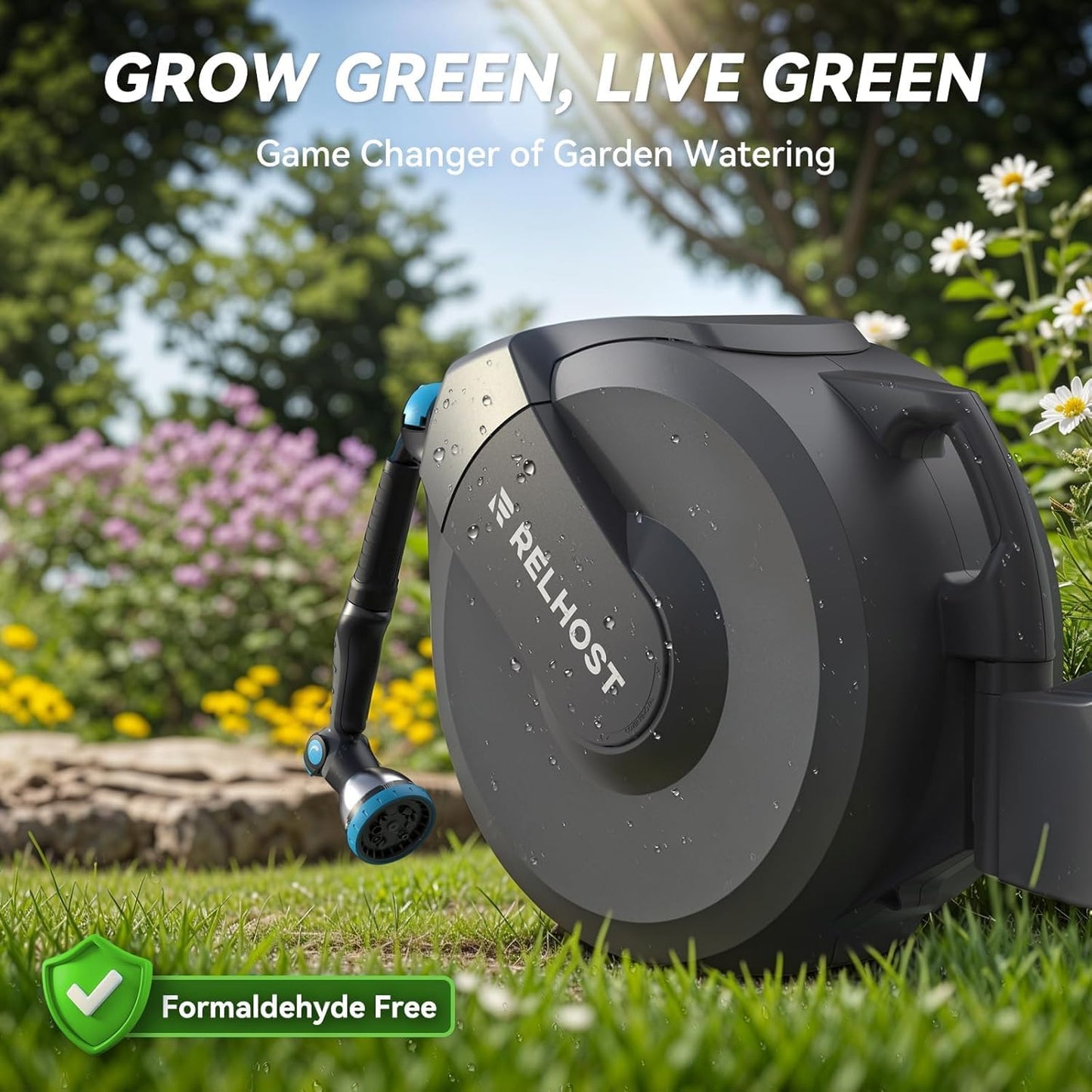 Retractable Garden Hose Reel 100 ft x 5/8 in, Heavy Duty Hose Reel Wall Mount with Any Length Lock, Auto Rewind System, 180° Swivel Bracket, 10-Pattern Garden Hose Nozzle, Dark Grey