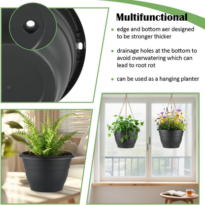 Plant Pots Set of 5, 10" Outside Diameter Flower Pots, 8.5" Inner Diameter Planters with Drainage Hole, Durable Perfect for Indoor & Outdoor Plant Planting, Decor, Black