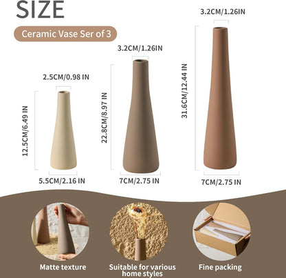 Ceramic Vase Set of 3, Modern Farmhouse Vases Home Decor Neutral Pottery Vase Pampas Grass Flower Vases for Home Decoration Room Decor Table Entryway Living Room Centerpieces Mantel Decor - Brown