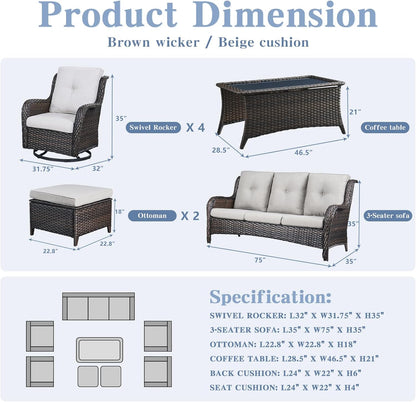 Wicker Patio Furniture Sets - 8 Piece Outdoor Rattan Furniture Conversation Sets with 4 Swivel Rocker Chairs, Rattan Sofa, Wicker Ottomans and Coffee Table, Brown/Beige