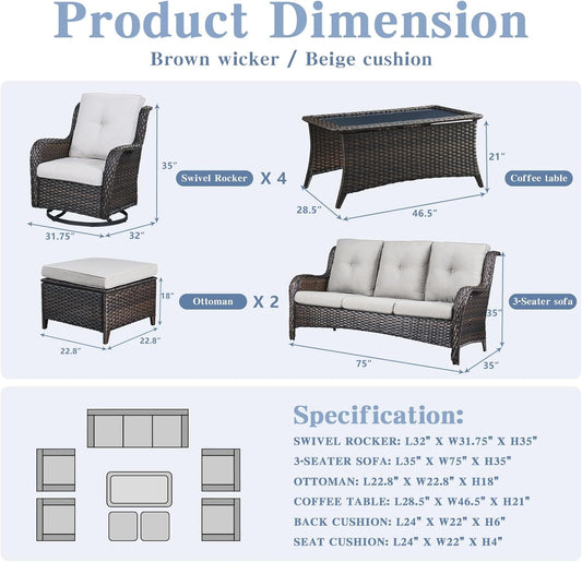 Wicker Patio Furniture Sets - 8 Piece Outdoor Rattan Furniture Conversation Sets with 4 Swivel Rocker Chairs, Rattan Sofa, Wicker Ottomans and Coffee Table, Brown/Beige