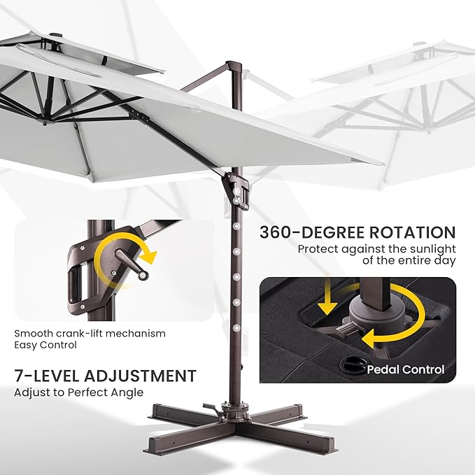 10x10 FT Cantilever Patio Umbrella Double Top Outdoor Square Large Heavy Duty Aluminum Offset Umbrellas with 7 Level Tilt 360-degree Rotation for Pool Garden Deck, Fog Grey