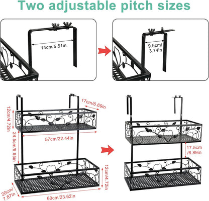 2-Tier Outdoor Flower Pot Stand Rack, Balcony Patio Railing Hanging Shelf Basket,Iron Height Adjustable Hanging Plants Container Holder with 1pc Spray Bottle for Yard Fence Garden Decor,Black
