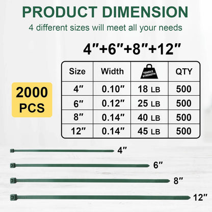Green Zip Ties Assorted Sizes (4"+6"+8"+12"), 2000 Pack, Cable Ties UV Resistant for Garden, Plants, Fence, Holiday Lights, Yakobela