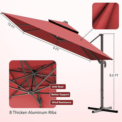 9x12 FT Patio Umbrella, Large Cantilever Rectangular Double Top Heavy Duty Offset Umbrellas with 360° Rotation, Outdoor shade for Garden Deck Pool, Red
