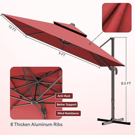 9x12 FT Patio Umbrella, Large Cantilever Rectangular Double Top Heavy Duty Offset Umbrellas with 360° Rotation, Outdoor shade for Garden Deck Pool, Red