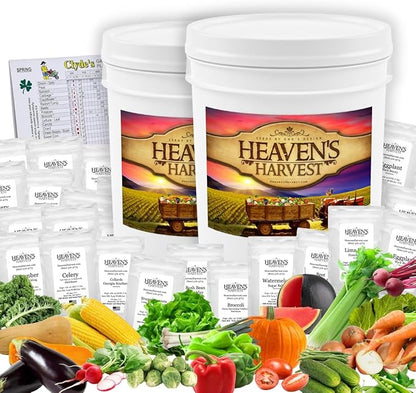 Heaven’s Harvest “10 Year Garden” Survival Seed Bank Kit | Over 50k Non GMO Heirloom Vegetable Survival Seeds + 2 Free Bonus Items: Clyde’s Garden Planner + Seed Vault Storage Drum for 10 Year Storage