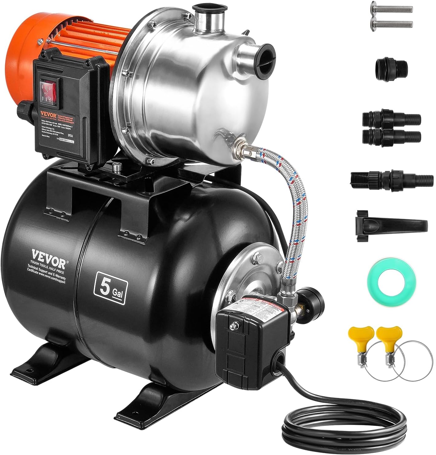 VEVOR 1 HP Shallow Well Pump with Pressure Tank, 1000 GPH, Automatic Irrigation Water Booster Pump with 130 ft Head Lift 20/40 PSI Pressure Switch, 304 Stainless Steel Pump Head for Home Garden Lawn