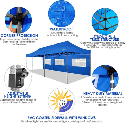 COBIZI 10x30 Pop up Canopy Tent 10x30 Canopy with Sidewalls, Heavy Duty Party Tent Tents for Parties, Foldable UPF 50+ Waterproof Commercial Easy up Canopy with Wheeled Bag, Blue(Frame Upgraded)