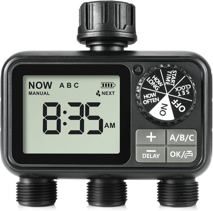 Sprinkler Timer,3 Outlets Programmable Water Timer with Brass Inlet for Garden Hose,Outdoor with Rain Delay/Manual/Automatic Watering System,Digital Irrigation Timers for Yard,Lawn