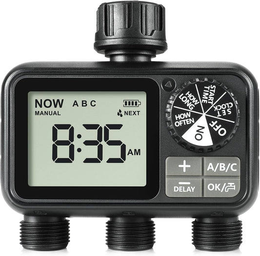 Sprinkler Timer,3 Outlets Programmable Water Timer with Brass Inlet for Garden Hose,Outdoor with Rain Delay/Manual/Automatic Watering System,Digital Irrigation Timers for Yard,Lawn
