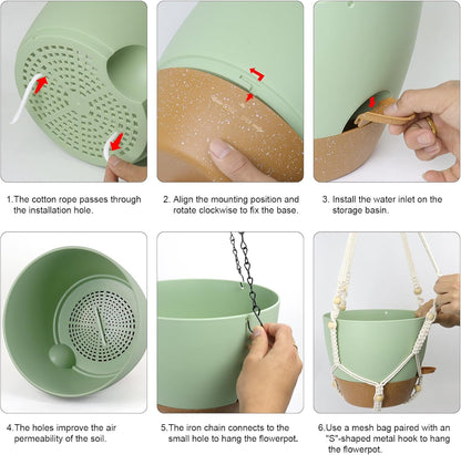 10 inch Self Watering Hanging Planters for Indoor Plants, 2 Pack Hanging Baskets for Outdoor Plants, Hanging Flower Pots with Drainage Holes & 2 Kinds of Plant Hangers for Home Decor, Green