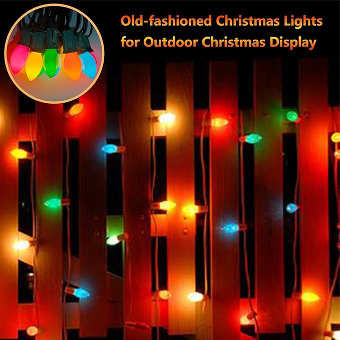 C7 Christmas Lights Outdoor 25Ft Vintage Christmas String Lights with 25 Ceramic Multicolor Incandescent Bulbs, Connectable Xmas String Light for Patio Garden Holiday Party Roofline Decorations