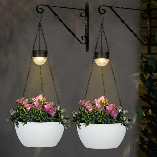 2 Packs Hanging Planters Basket for Outdoor Plants, Solar Powered Self Watering White Round Plastic Flower Pots with Drainer for Balcony Patio Garden Outdoor Decoration