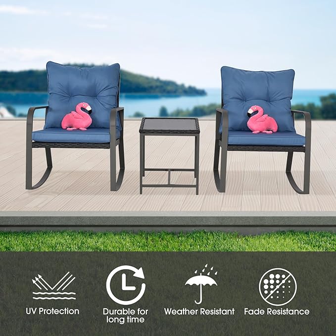 Bistro 3 Piece Patio Furniture Set, Patio Table and Rattan Outdoor Rocking Chairs Set of 2, Outdoor Bistro Conversation Set for Garden, Balcony, Poolside, Backyard, Blue