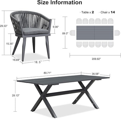 PURPLE LEAF 16 Pieces Outdoor Dining Set with Patio Aluminium Dining Table and Wicker Chairs Modern Furniture Cushions Sets for Backyard Indoor Decor Kitchen Gray