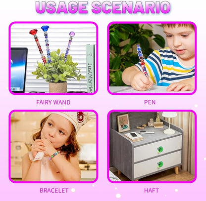 DIY Fairy Wand Garden Stake Beads Kits with Rainbow Colorful Assortment Large Hole Beads, Beaded Garden Stakes kit with Crystal Diamond Top (238Pcs Rainbow+Diamond)