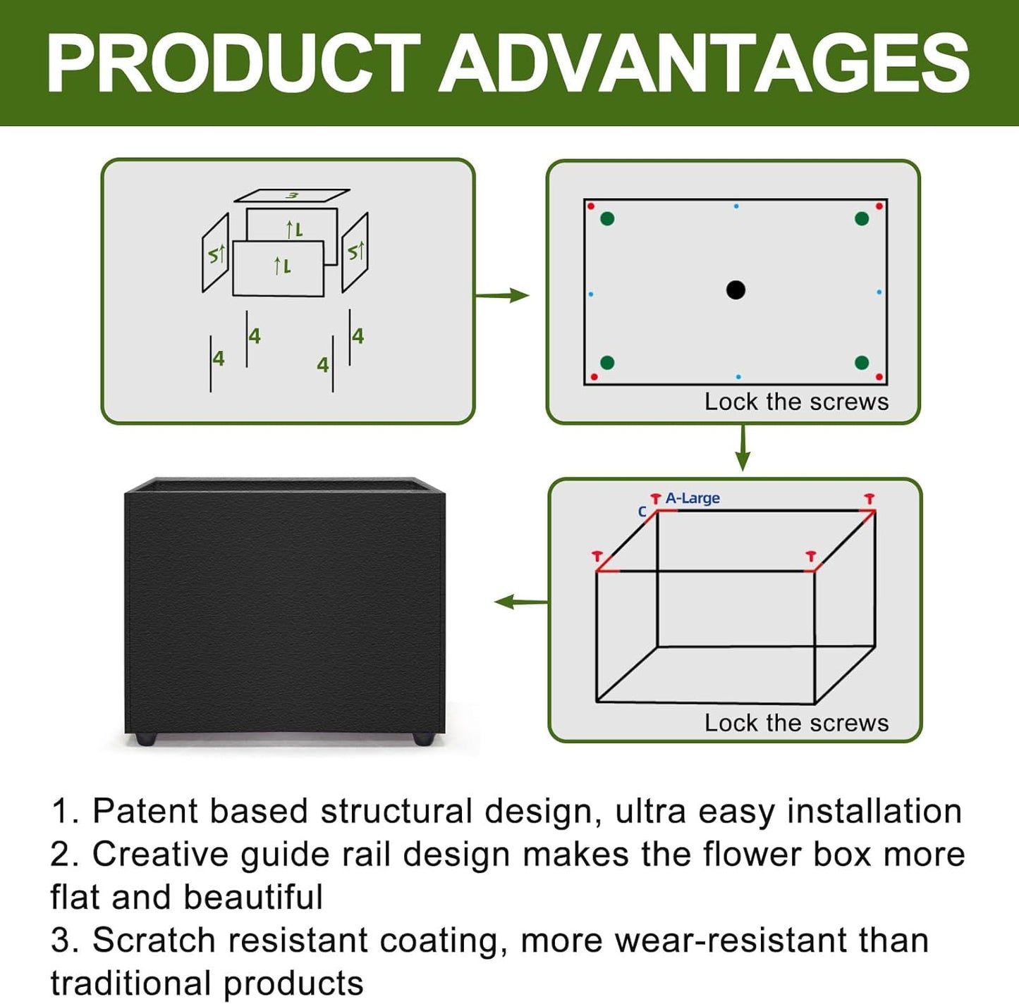 Planter Box Rectangular Block - 16×12×12IN Galvanized Steel Metal Long Box Planter Easy Installation Modern Outdoor Tall Planters All-Weather Use with Drainage Holes for Patio/Porch(Black)