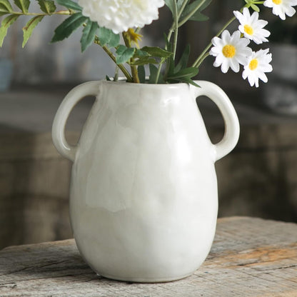 White Ceramic Vase with 2 Handles, Modern Farmhouse Decor, Rustic Terracotta Pottery, Decorative Flower Vases, Clay Small Vase, Centerpiece for Dining Table - 7 Inch Tall