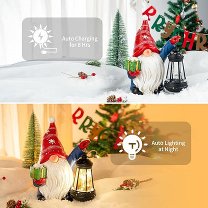 Solar Christmas Santa Hat Gnome Outdoor Statue with LED Lantern - Winter Xmas Holiday Porch Yard Home Decor Gardening Gift