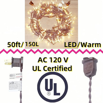 LUCKY SHINE 150 LED Warm White Christmas Lights with 50 Ft Brown Wire, UL Listed and Commercial Grade Decorative Lighting String, for Indoor and Outdoor Party, Garden, Patio