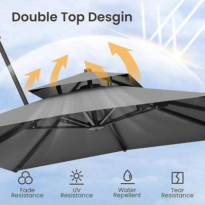 9x12 FT Cantilever Patio Umbrella with Base Included Double Top Outdoor Rectangular Large Heavy Duty Aluminum Offset Umbrellas with 7 Level Tilt 360-degree Rotation for Pool Garden Deck, Grey