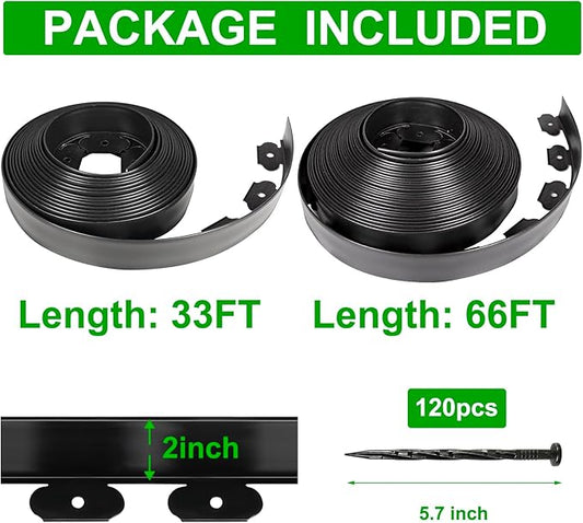 JERIA 2 Inch Tall 100 FT Garden Edging Kit with 120pcs Spikes, Plastic Edging for Landscaping