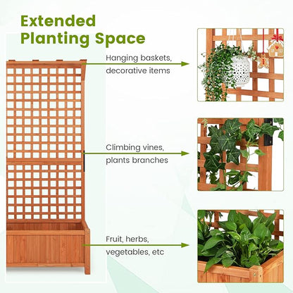 HAPPYGRILL Raised Garden Bed with Trellis, 72.5" Planter Raised Bed with Drainage Holes, Freestanding Garden Box for Vine Climbing Plants, Wooden Planter Box for Yard Balcony (1, Orange)