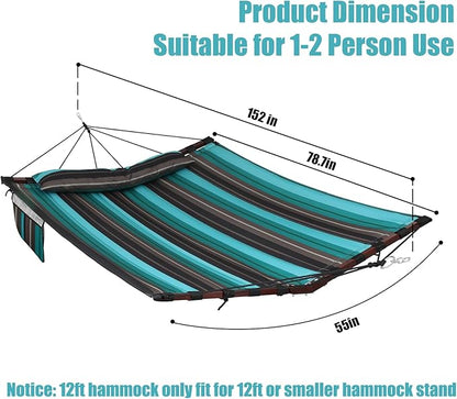 TegerDeger 12FT 2 Person Hammock Large Hammock 450LB Capacity with V Shaped Hardwood Spreader Bar & Nylon Rope for Outside, Patio, Garden, Backyard, Beach, Poolside - Teal Stripes