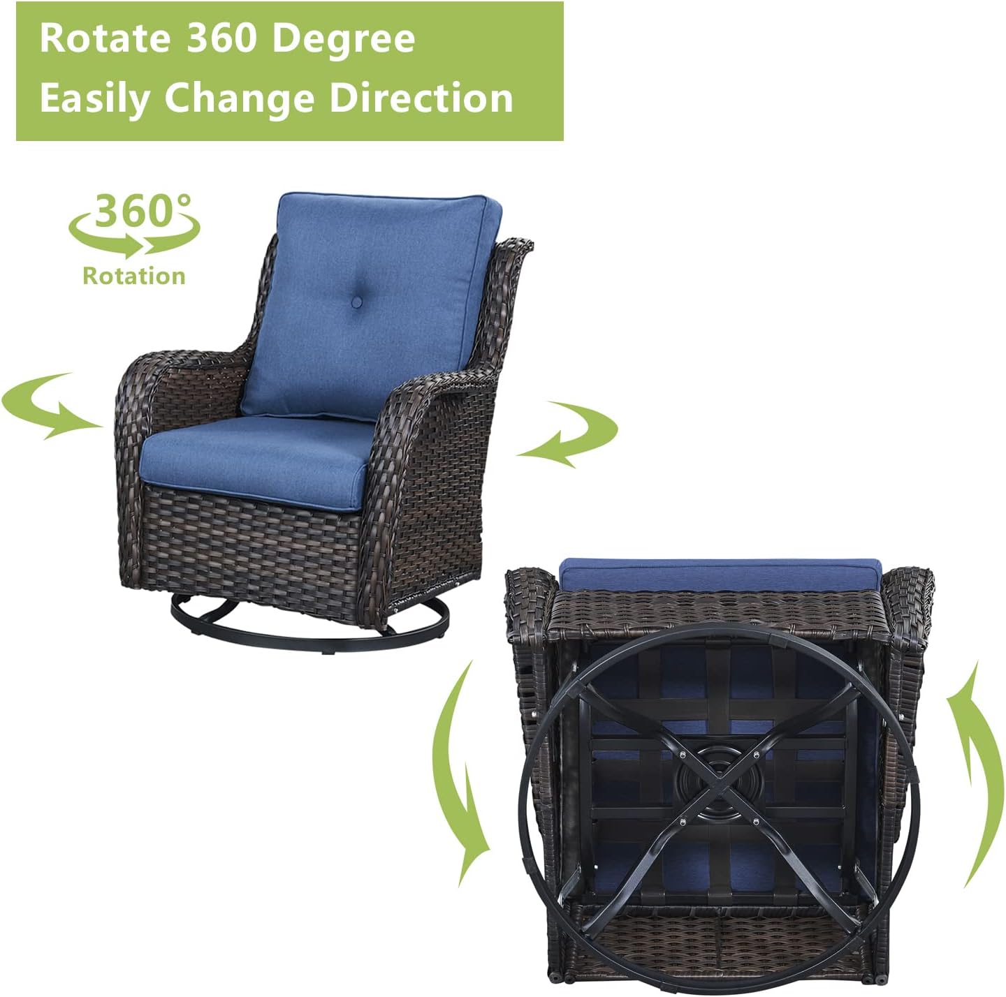 Outdoor Wicker Patio Furniture Set - 6 Piece Rattan Patio Conversation Set with 2 Rocking Swivel Chairs,2 Ottomans,1 Loveseat and 1 Coffee Table for Porch Deck Backyard Garden(Brown/Blue)