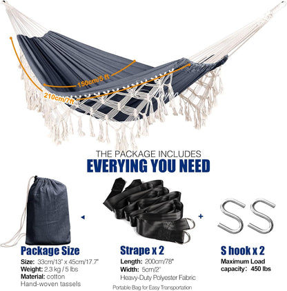 Anyoo Cotton Hammock - Comfortable & Elegant Deluxe Hammock with Tassels - Supports Up to 450lbs - Portable with Travel Bag for Porch, Patio, Yard, Bedroom & Outdoor/Indoor
