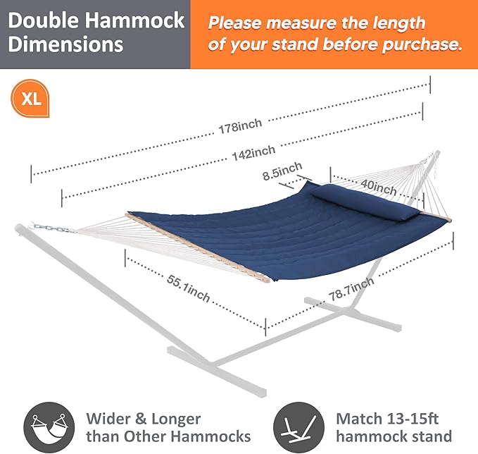 SUNCREAT Hammocks Outdoor Double Hammock with Hardwood Spreader Bar, 475 lbs Capacity, Heavy Duty 15 FT Hammock with Large Soft Pillow, Dark Blue