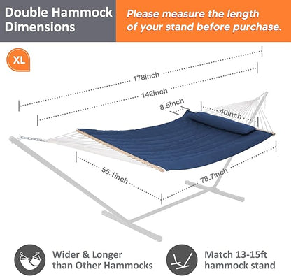 SUNCREAT Hammocks Outdoor Double Hammock with Hardwood Spreader Bar, 475 lbs Capacity, Heavy Duty 15 FT Hammock with Large Soft Pillow, Dark Blue