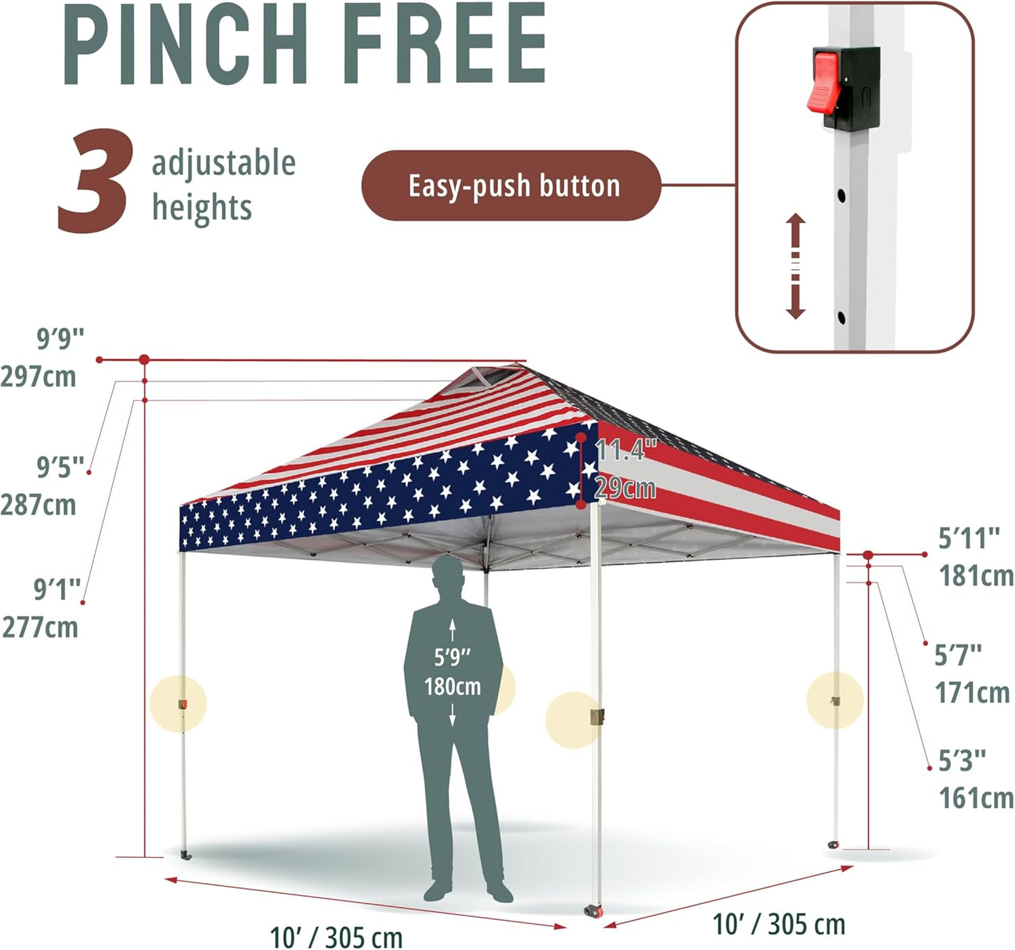 CROWN SHADES 10x10 Pop Up Canopy - Beach Tent with One Push Setup - Easy Outdoor Sun Shade for Events, Parties, Camping - Gazebo with STO-N-Go Cover Bag, Silver Coated Top, American Flag