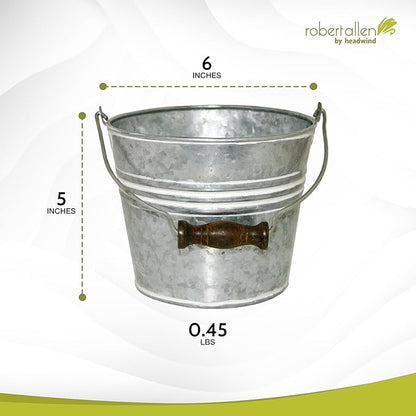 Headwind Vintage Collection - 6 Inch Galvanized w/White Wash Banded Planter with Handles – Galvanized Bucket Planter - Decorative Small Planters for Indoor Plants & Outdoor Use by Robert Allen