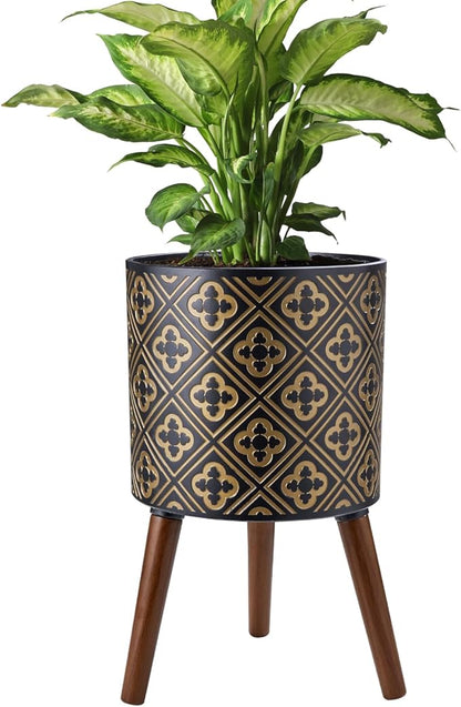 10 Inch Plant Pot with Stand, Planter for Indoor Plants, Modern Large Flower Planter Pot with Drainage Holes for Outdoor, Black ＆ Gold
