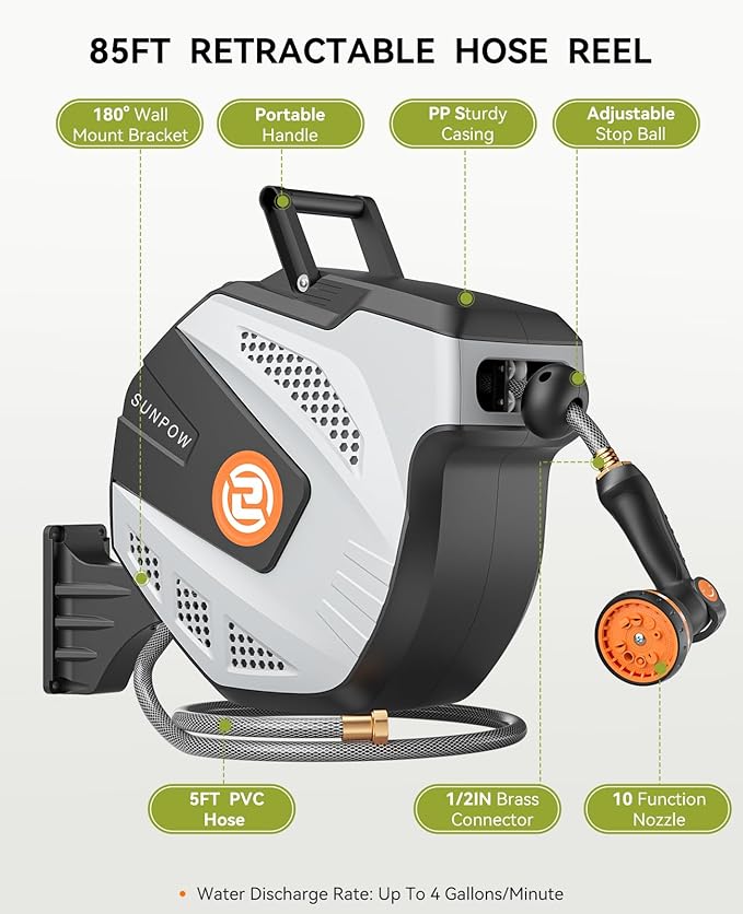 SUNPOW Retractable Garden Hose Reel - 1/2 inch x 85ft Wall Mounted Hose Reel with 3/4 inch Brass Fitting & 10 Function Sprayer Nozzle - Any Length Lock, Auto Rewind System, 180°Swivel Bracket- Grey