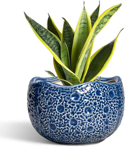 Ceramic Pots for Plants - 8 Inch Round Planter with Drainage Hole, Round Decorative Plant Pots for Indoor Outdoor, Modern Unique Flower Pot, House Living Room Decor, Home Gifts, Blue