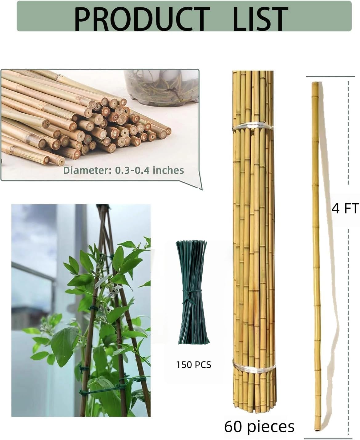 60 Pack 4 Ft Bamboo Stakes for Plant with 100 Twist Ties Bamboo Sticks Plant Support Garden Stakes Poles for Tomatoes Cucumber Grapes Pole Beans Trees Potted Dahlia Flowers