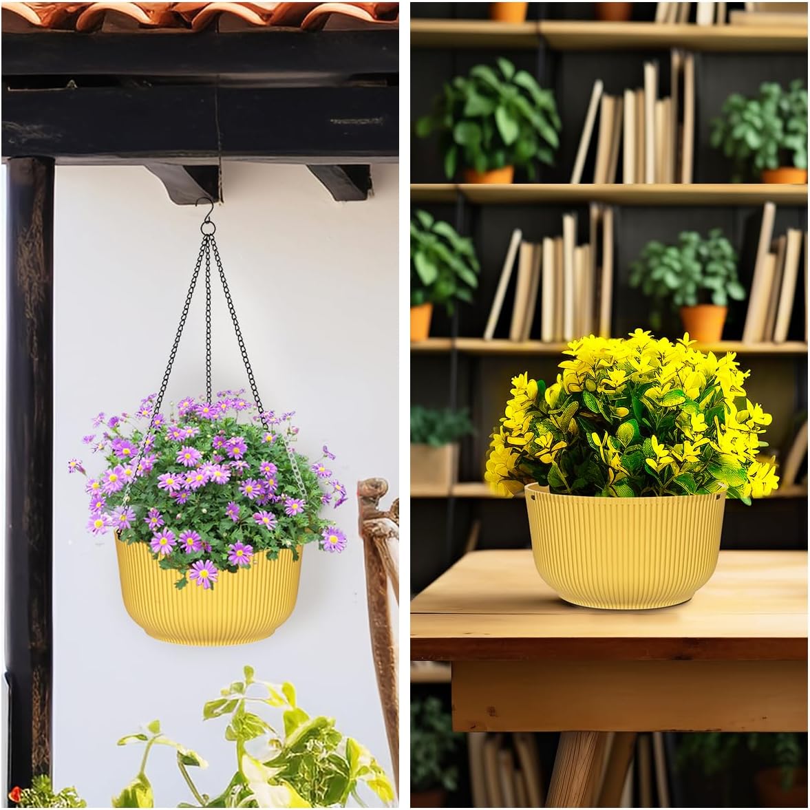 Hanging Planters 9/10/11 Inch for Indoor Plants, 3 Pack Plant Hanger Outdoor with Drainage Holes, Self Watering Hanging Basket Flower Pot for Garden Home Decor, Yellow