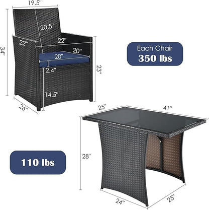 Tangkula 3 Pieces Patio Dining Set, Space-Saving PE Rattan Bistro Set with Tempered Glass Top Table and Cushioned Chairs, Outdoor Conversation Set for Garden Backyard Poolside Porch (Blue)