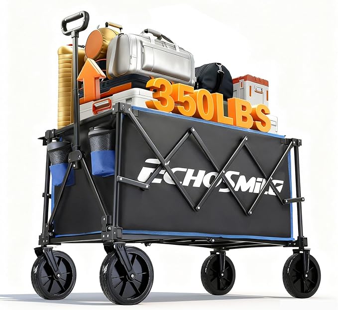 EchoSmile Collapsible Foldable Wagon Cart with 350lbs Weight Capacity, Heavy Duty Folding Utility Sport Wagon with Removeble Wheels for Camping,Grocery,Garden,Beach,Black &Blue