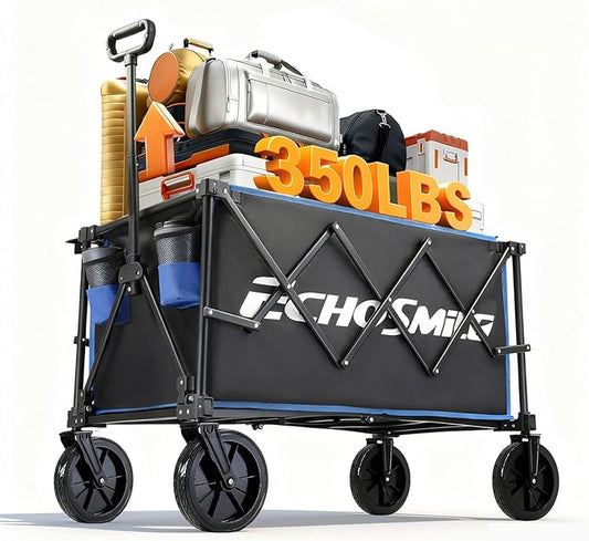 EchoSmile Collapsible Foldable Wagon Cart with 350lbs Weight Capacity, Heavy Duty Folding Utility Sport Wagon with Removeble Wheels for Camping,Grocery,Garden,Beach,Black &Blue