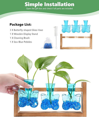 Nacome Butterfly Vase Propagation Stations: Glass Plant Terrarium with Wooden Stand for Home Office Desk Decor, Unique Gifts for Plant Lovers Women Mom (Blue)