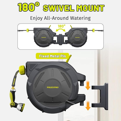 Retractable Garden Hose Reel 1/2 in x 160Ft Extra Long,Heavy Duty Automatic Water Hose Reel Wall Mounted with 10 Pattern Nozzle, Any Length Lock, Slow Return System, 180°Swivel Bracket