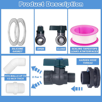 2 Pack PVC Rain Barrel 45°Elbow Spigot Kit, 3/4 Inch Rain Barrel Valve with Bulkhead Connector and Hose Adapter, Garden Faucet Kit for Water Tanks, Aquariums, Pools, Garden Barrels