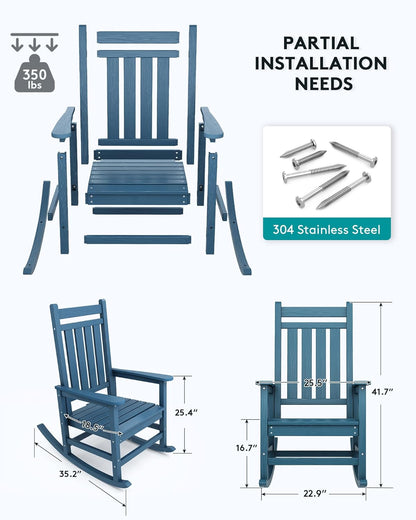 SERWALL Outdoor Rocking Chair, HDPE Rocking Chair for Adults, All Weather Porch Rockers for Lawn Garden, Navy