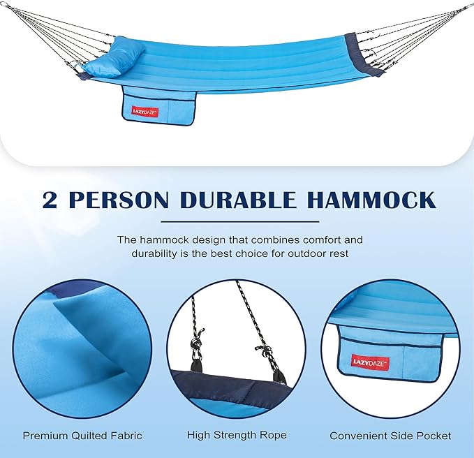 Lazy Daze Hammocks 12 FT Quilted Fabric Hammock with Curved Aluminium Spreader Bar, Outside Double Hammock with Soft Pillow, Side Pocket 450 Lbs Capacity for Patio, Poolside, Lake Blue