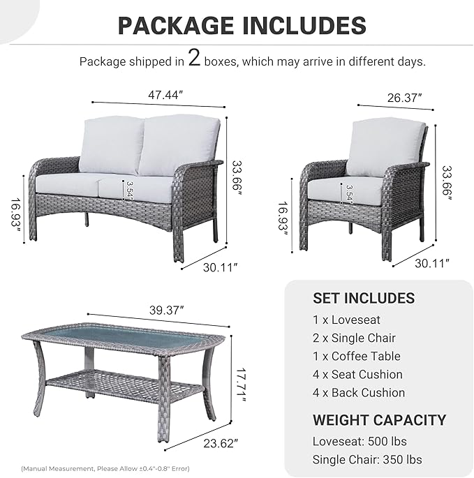 ovios 4 Pieces Patio Furniture Set, Outdoor Wicker Sofa with Coffee Table, Chairs, All Weather High Back Rattan Loveseat Couch with Comfy Cushions, Grey