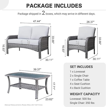 ovios 4 Pieces Patio Furniture Set, Outdoor Wicker Sofa with Coffee Table, Chairs, All Weather High Back Rattan Loveseat Couch with Comfy Cushions, Grey